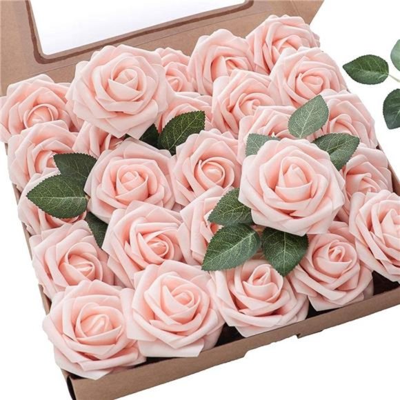 Artificial Flowers 25pcs Real Looking Blush Foam Fake Roses with Stems for DIY - Picture 1 of 7